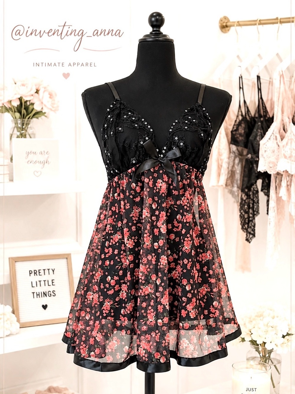 INTIMATE APPAREL Floral Black and Pinkish Red Babydoll Dress w/Matching Thong